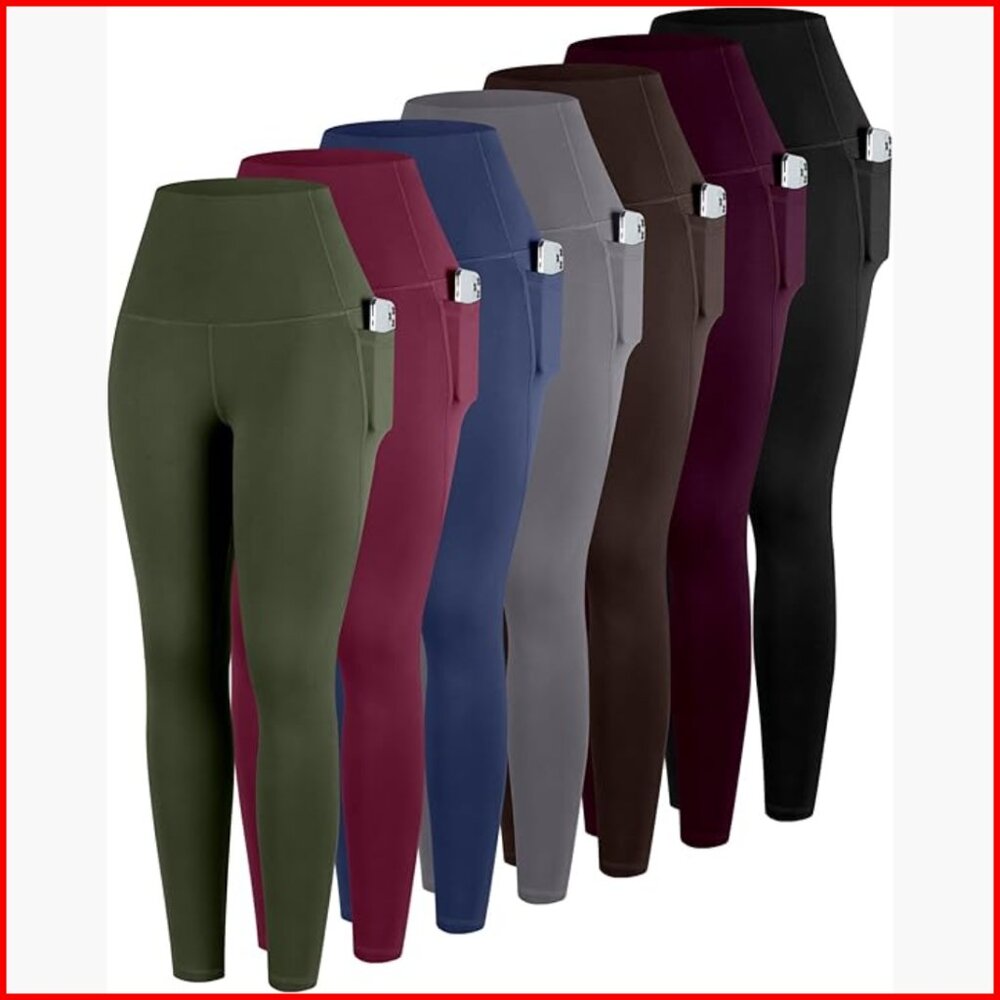 High Waisted Tummy Control Leggings with Pockets, 7-Pack Workout Yoga Pants